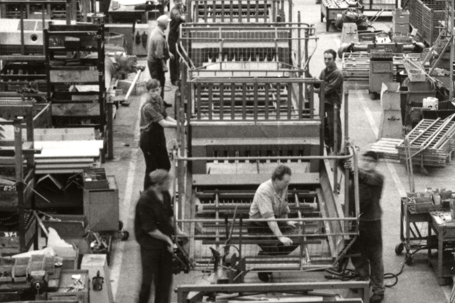Heading for the exit: Loader wagons on the assembly line.