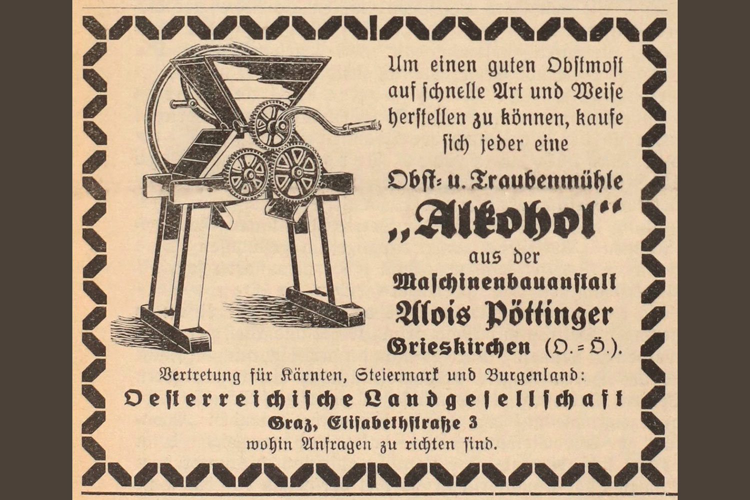 Patent for the fruit mill. “The invention relates to a fruit press in which the mash is collected in trays which are passed between rollers, which can be made of stone, for example.”